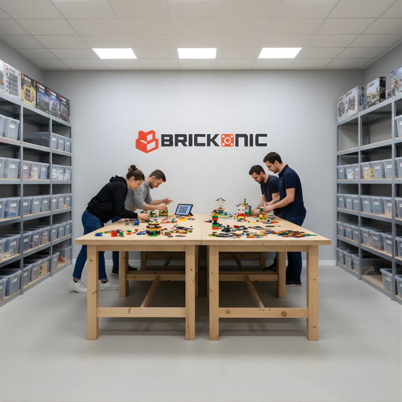 Equipo de personas trabajando en un taller de construcción en el almacén de Brickonic.