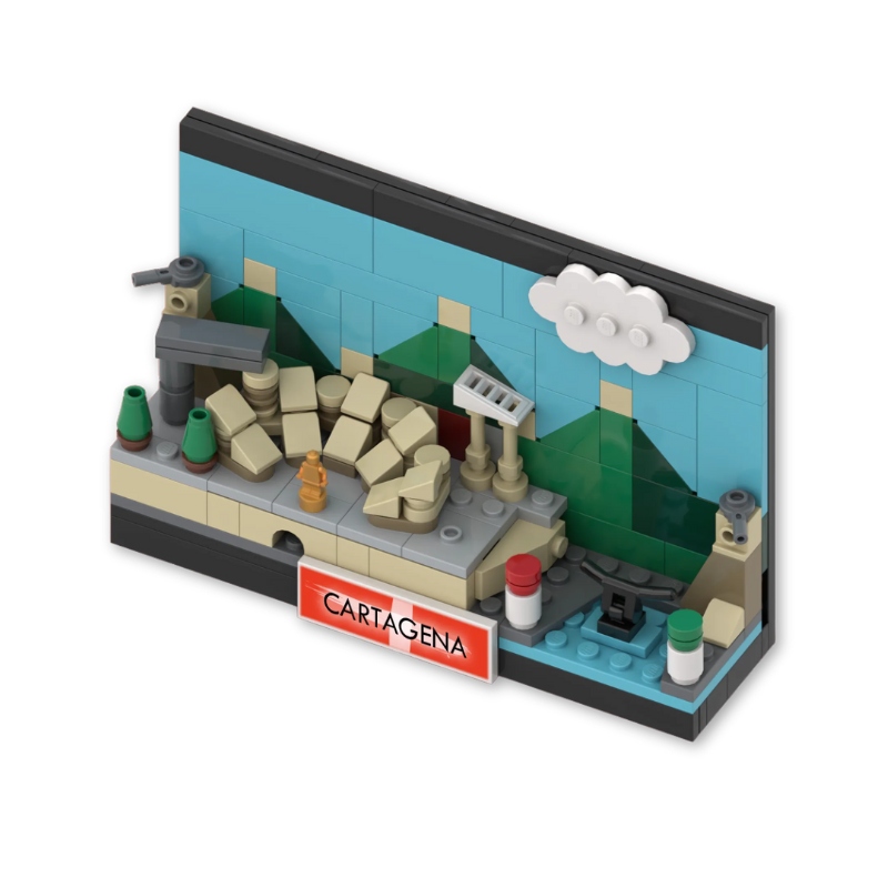Set de construcción "Postal de Cartagena" de Brickonic, que incluye el Teatro Romano, el Submarino Peral y las cinco colinas en un diorama estilo skyline.