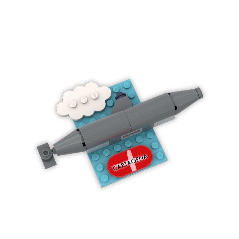Imán en forma de Submarino Isaac Peral construido con piezas LEGO®, sobre una base azul que dice "Cartagena".