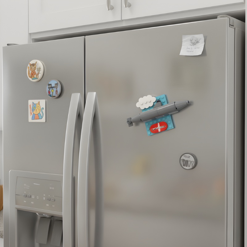 Un imán de LEGO® del Submarino Peral sujeto a la puerta de una nevera de acero inoxidable junto a otros imanes.