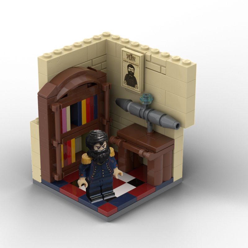 Recreación en bloques de construcción del despacho de Isaac Peral en Cartagena, incluyendo minifigura del inventor, escritorio con maqueta del submarino y librería clásica.