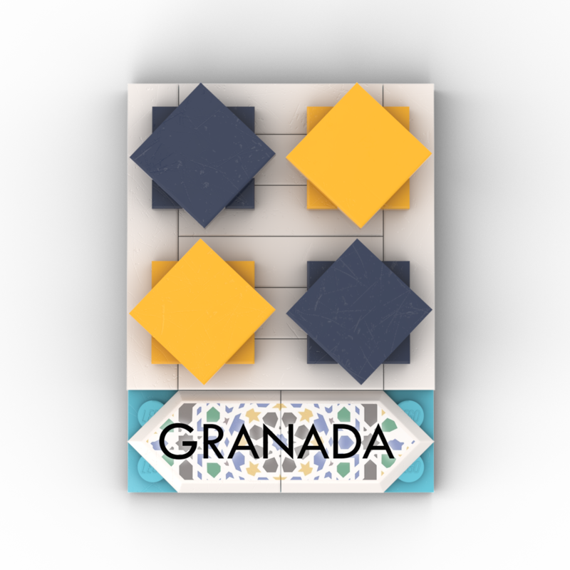 Imán de bloques con diseño geométrico nazarí en azul y amarillo, inspirado en los azulejos de la Alhambra de Granada.