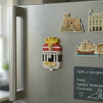 Imán de nevera con el escudo del FC Cartagena hecho con bloques tipo LEGO® diseñado por Brickonic colocado en una puerta metálica.