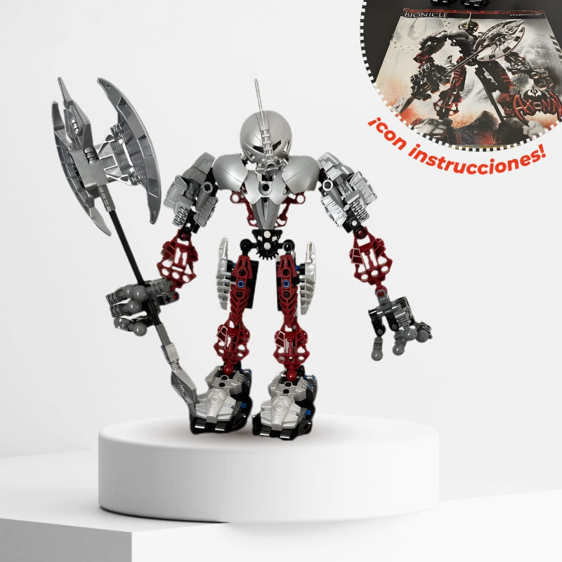 Figura LEGO Bionicle Axonn con hacha e instrucciones.