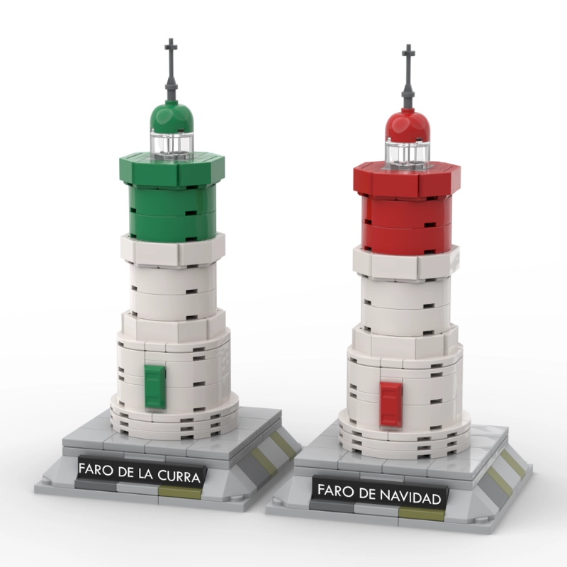 Dos sets de faros estilo LEGO® de Brickonic inspirados en los faros de Cartagena, uno verde “Faro de la Curra” y otro rojo “Faro de Navidad”, sobre una base gris con placas identificativas.
