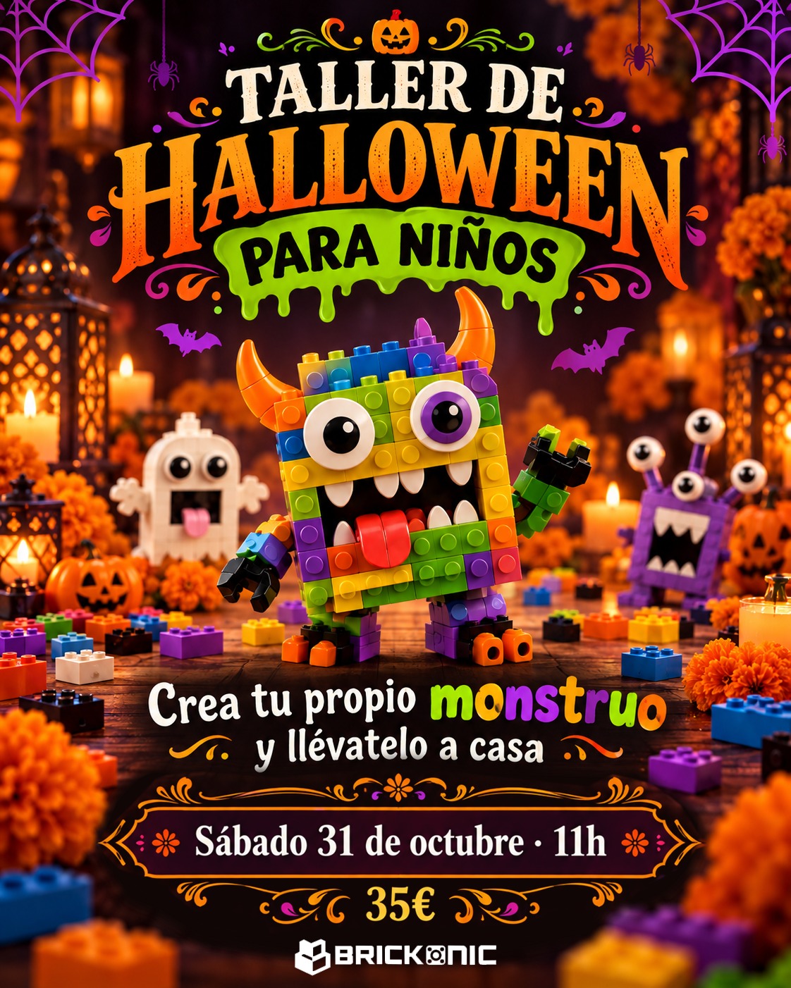 Cartel del taller infantil de Halloween del sábado 31 de octubre a las 11:00 h.
