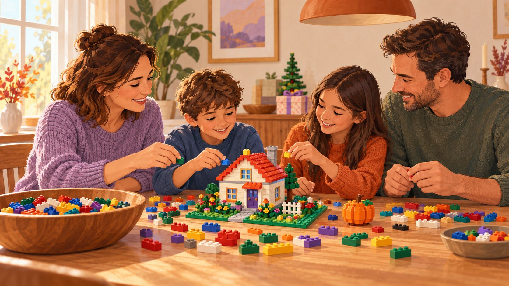 Ilustración de una familia compartiendo un momento de construcción con piezas de colores.
