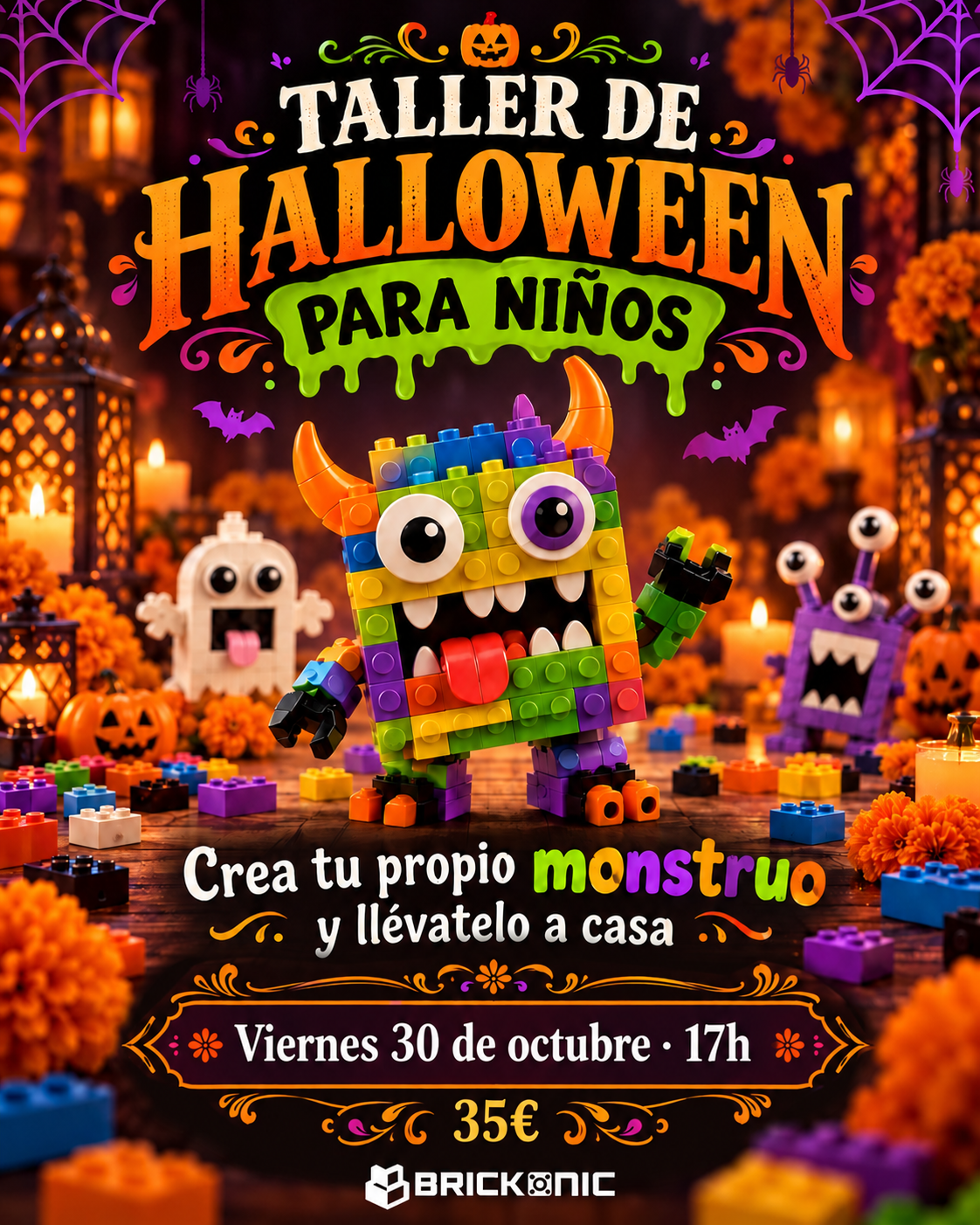 Cartel del taller infantil de Halloween del viernes 30 de octubre a las 17:00 h.